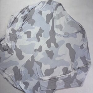 Mud Pie Camo Print V Neck Long Sleeve Tunic Top Women's XL Rayon Spandex